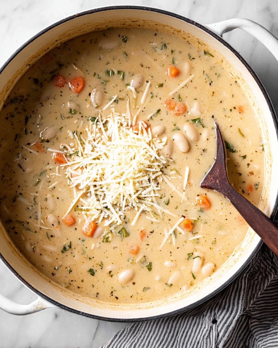 A close-up view of a large white pot filled with creamy soup that has small carrot slices, green herbs, and white beans visible in the thick beige liquid. On top of the soup, near the center-left, there is a small pile of shredded white cheese. A dark wooden spoon rests on the right side inside the pot. The pot is set on a white marbled surface with a striped gray and white cloth napkin in the upper right corner. The photo taken with an iphone --ar 4:5 --v 7