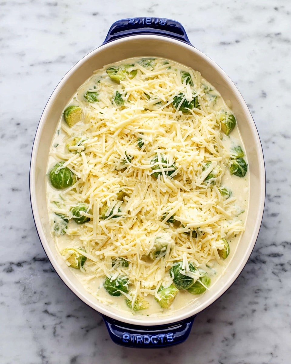An oval white baking dish with blue handles sits on a white marbled surface. Inside, the dish has a creamy pale yellow sauce layer with green Brussels sprouts partially covered by a layer of grated pale yellow cheese scattered evenly on top. The cheese layer is thin with some sauce and Brussels sprouts visible beneath of it. Photo taken with an iphone --ar 4:5 --v 7