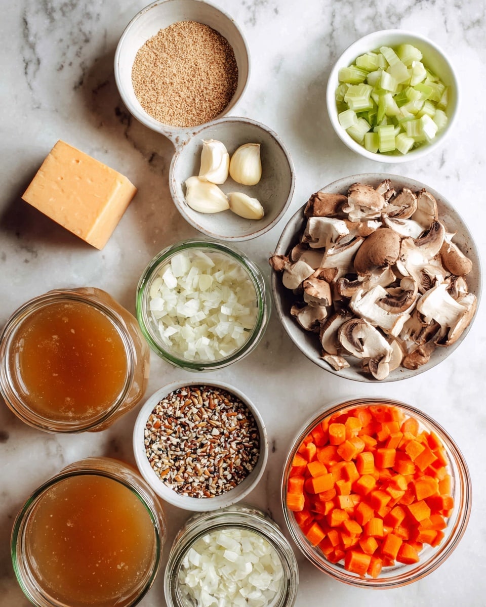 The image shows several small white bowls and clear glass jars arranged on a white marbled surface, each filled with different cooking ingredients. Starting from the top left, there is a small white bowl filled with a light brown powder, next to a small white bowl holding three peeled garlic cloves. To the right, a small white bowl contains chopped celery pieces, which are pale green and white. Below these, a chunk of a pale orange cheese sits directly on the marble. Moving to the center, a white bowl is heaped with brown sliced mushrooms showing their white undersides and gills. To the right, a white bowl is filled with bright orange diced carrots. At the bottom left, a clear glass jar holds a light brown liquid broth. Beside it, a small white bowl contains mixed grains with shades of brown, white, and black. Finally, a white bowl near the bottom center has finely chopped white onions. photo taken with an iphone --ar 4:5 --v 7