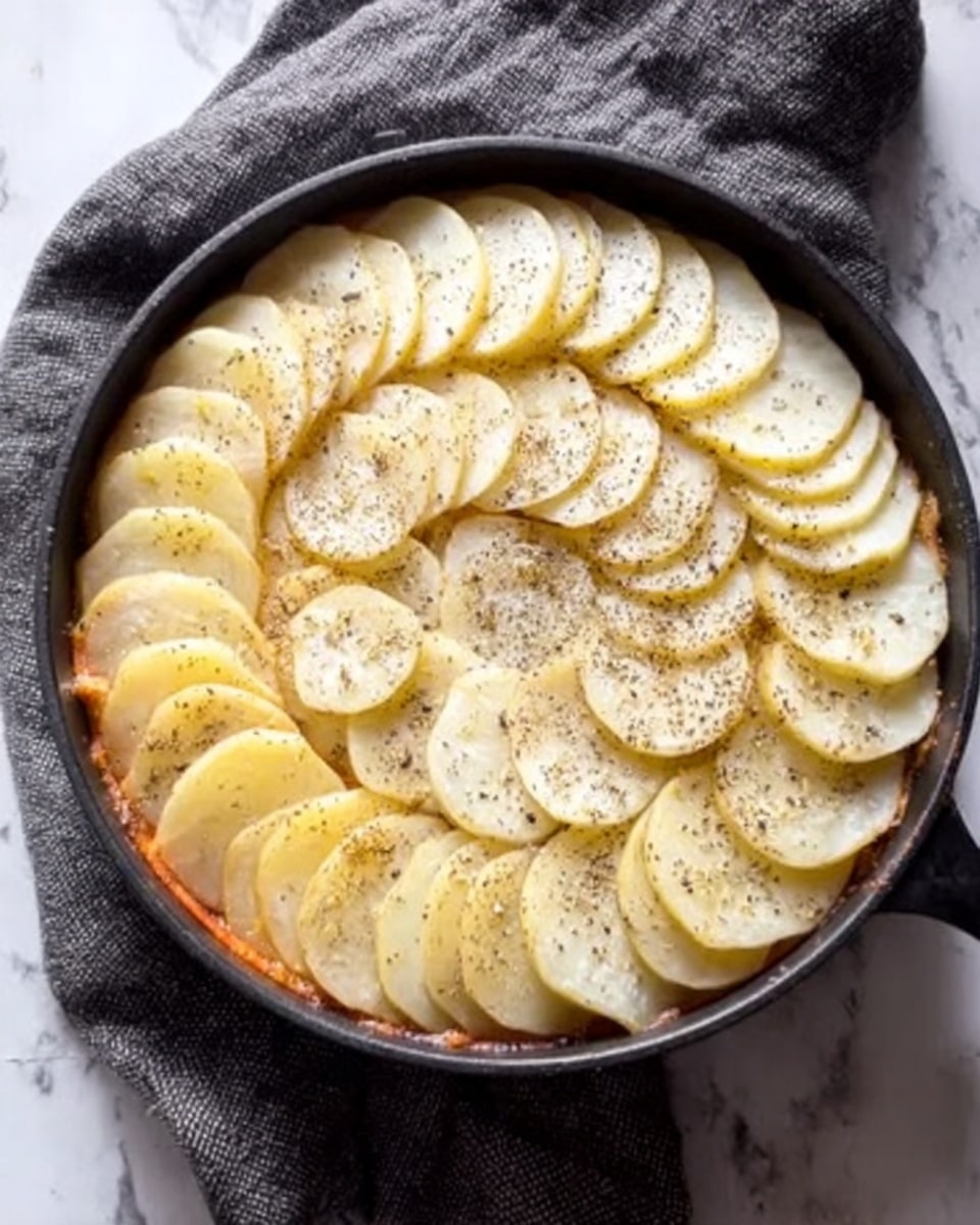 A round black pan filled with a layer of thin, round potato slices arranged in two circles on top. The outer circle has larger slices placed neatly, slightly overlapping, and the inner circle has smaller slices stacked in the center. The potato slices are pale yellow with light seasoning of black pepper. The pan is resting on a dark gray cloth, sitting on a white marbled surface. Photo taken with an iphone --ar 4:5 --v 7