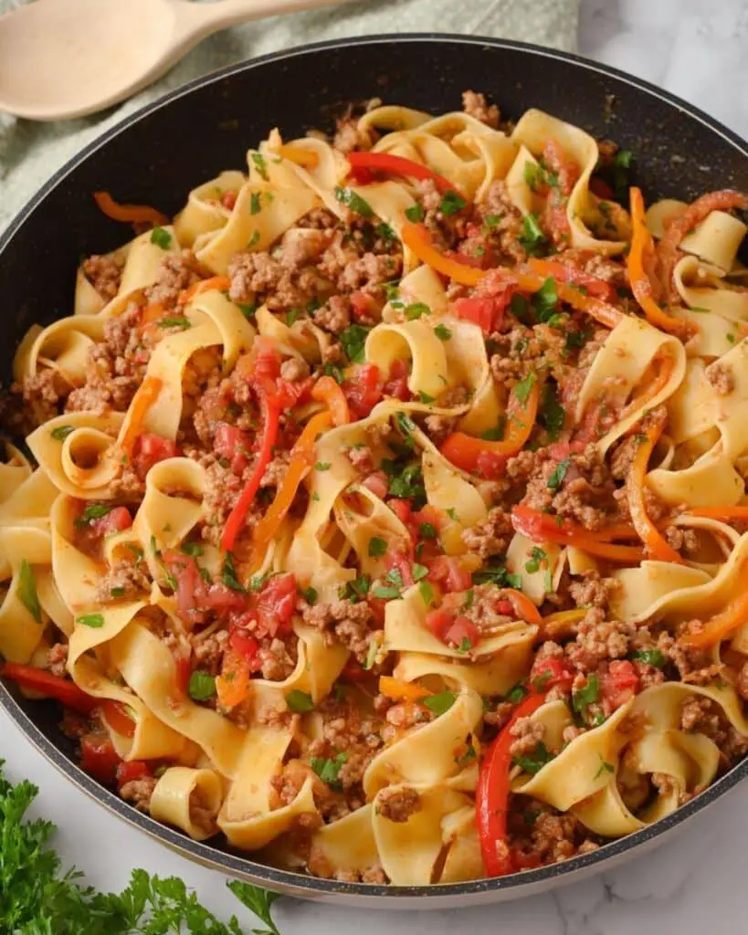 Italian Spicy Sausage Pappardelle with Tomato and Basil Recipe
