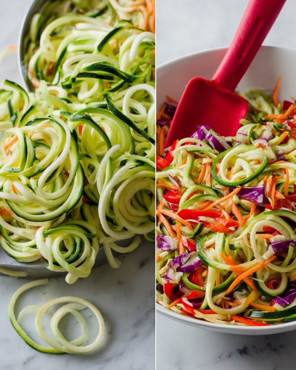 The image shows two parts side by side on a white marbled surface. On the left, a spiralizer machine is making long, curly, light green and dark green zucchini noodles hanging down in loose spirals. The zucchini noodles are thin and fresh, with a smooth texture and both green peel and light green inside visible. On the right, a white bowl filled with the colorful zucchini noodles mixed with thin strips of orange carrot, small bits of purple cabbage, and bits of red pepper. A red spatula is inside the bowl, resting on the noodles, and the vegetables look fresh and mixed together. Photo taken with an iphone --ar 4:5 --v 7