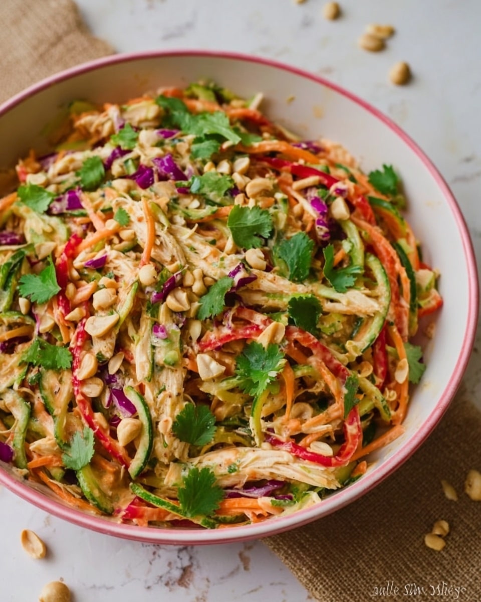 The image shows a bowl full of colorful shredded chicken salad mixed with thin strips of orange carrots, green cucumber, and red bell pepper. There are also small bits of purple cabbage and white chopped peanuts scattered on top. Bright green cilantro leaves are spread evenly over the salad, adding a fresh look. The white bowl has a thin pink rim, and it sits on a white marbled surface with some peanuts and a woman's hand near its edge. The textures of the shredded chicken and crunchy vegetables create a fresh and lively feel. photo taken with an iphone --ar 4:5 --v 7