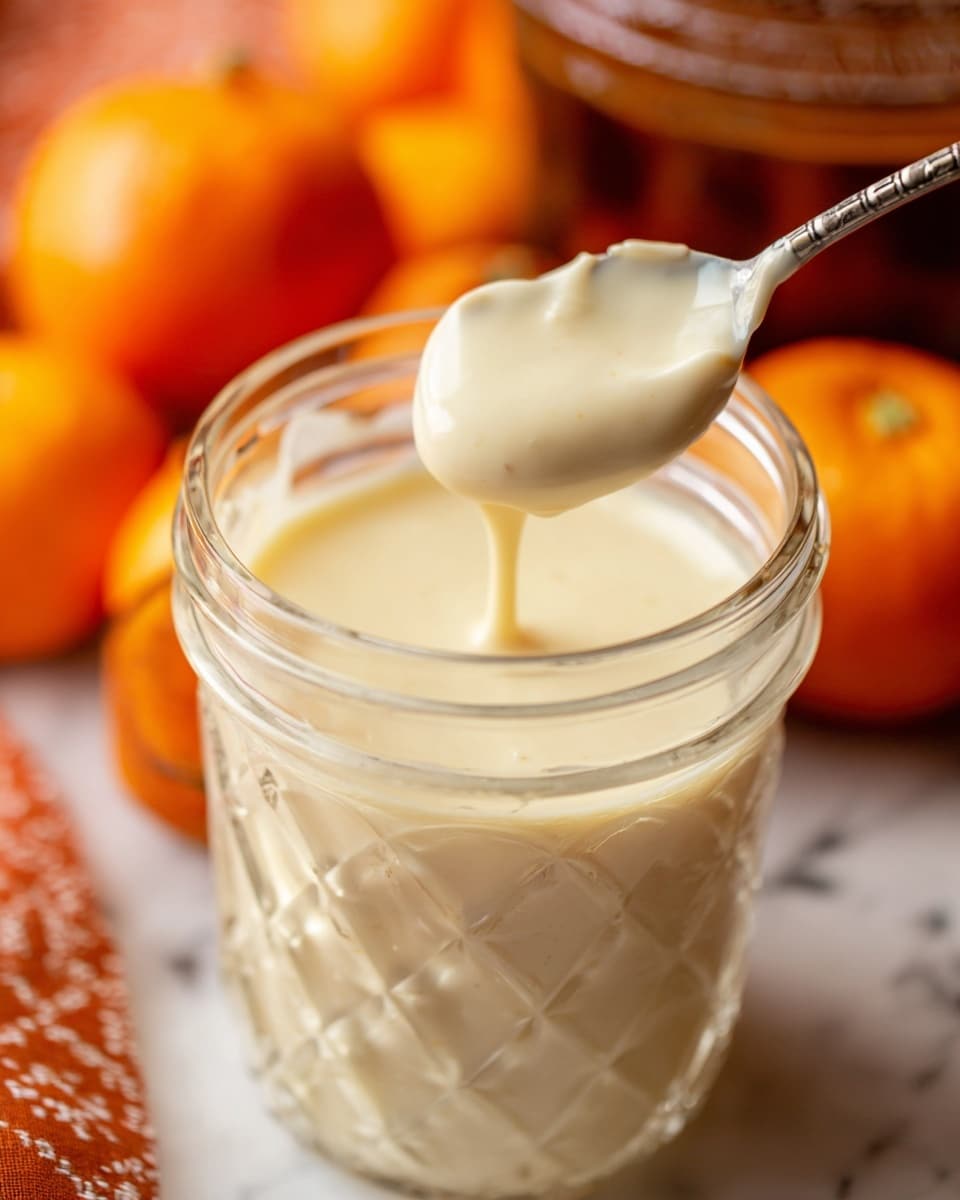 The image shows a close-up view of a clear glass jar filled with a thick, creamy, off-white sauce or dressing, with some of it clinging to the inner sides near the top. A silver stirring stick with a rounded end covered in the sauce is held just above the jar. The jar sits on a white marbled surface with some whole orange fruits and blurred background elements in warm orange and brown tones. The texture of the sauce is smooth and rich, and the glass jar features a diamond pattern etched into it. photo taken with an iphone --ar 4:5 --v 7