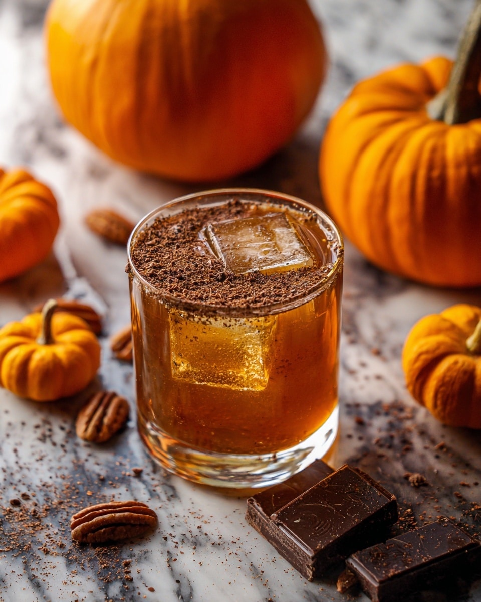 A short clear glass filled with an amber liquid and two large square ice cubes inside sits on a white marbled surface. The top of the drink is covered with a fine layer of grated chocolate. Around the glass, there are small bright orange pumpkins, a few pecans, and small pieces of dark chocolate scattered on the surface. The background is softly blurred, focusing attention on the drink and the autumn-themed items. photo taken with an iphone --ar 4:5 --v 7