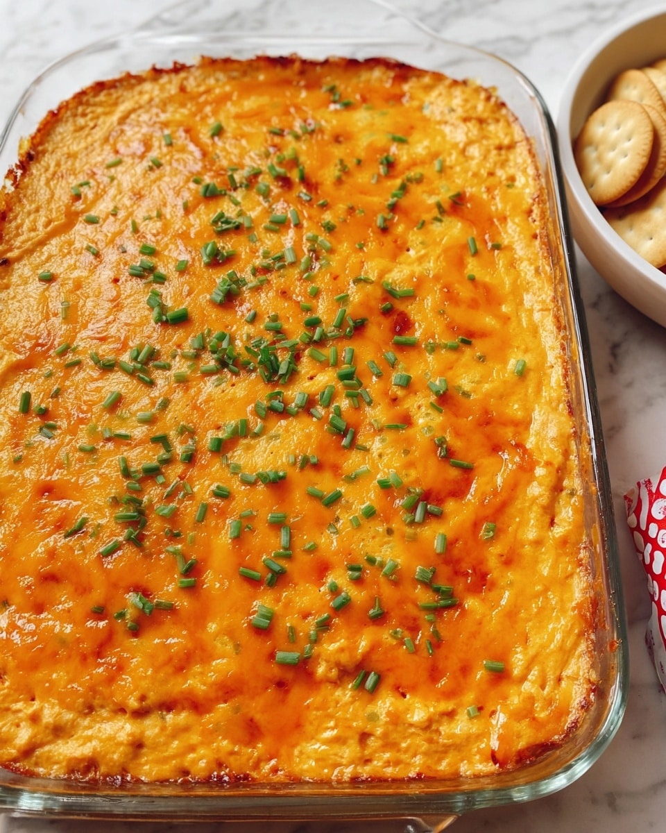 The image shows a glass baking dish filled with a thick, baked dip that has a bright orange, melted cheese layer on top, which is slightly browned in some spots. The surface is sprinkled with small pieces of chopped green chives, adding a touch of green color to the warm orange cheese. The texture of the cheese layer looks smooth with some rough, bubbly areas from baking. The dish is placed on a white marbled surface, and part of a white bowl with round crackers is visible on the right side. Photo taken with an iphone --ar 4:5 --v 7