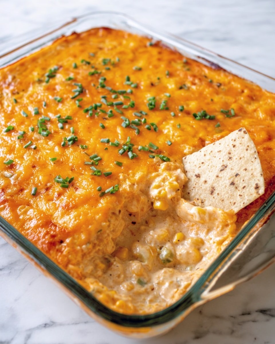 A rectangular glass dish filled with a creamy, orange cheese dip topped with melted cheddar cheese and small green chive pieces scattered on top. A woman's hand with light blue nail polish holds a round, speckled chip covered in the cheesy dip close to the camera, showing the thick, gooey texture and some melted cheese stretching slightly. The background is a white marbled texture. photo taken with an iphone --ar 4:5 --v 7