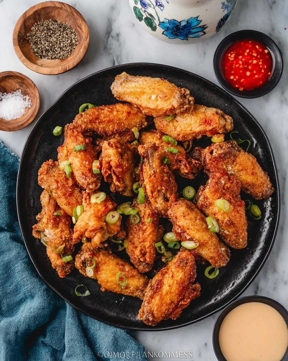 The image shows six steps of preparing fried chicken wings. The top left shows raw marinated wings in a clear plastic bag on a white marbled surface. The top right shows a woman's hand holding a strainer with marinated wings over the same surface. The middle left shows wings covered in a white flour coating in a large clear bowl. The middle right shows the coated wings spaced on a wire rack placed on a white tray. The bottom left shows a woman's hand using chopsticks to place partially cooked golden wings on the wire rack over a tray. The bottom right shows fully cooked crispy golden wings arranged on the rack and tray. Photo taken with an iphone --ar 4:5 --v 7