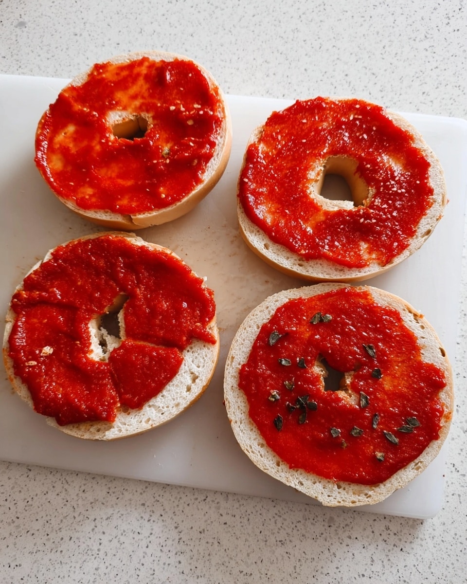 The image shows four halves of a bagel placed on a white cutting board on a white marbled surface. Each bagel half has one layer of red sauce spread on top. The two halves at the top have a thin, uneven spread of sauce with visible texture of the bagel beneath. The two halves at the bottom have a thicker and more even layer of sauce, with small dark green herb pieces sprinkled on it. The color contrast between the light beige bagel and the bright red sauce is clear. Photo taken with an iphone --ar 4:5 --v 7
