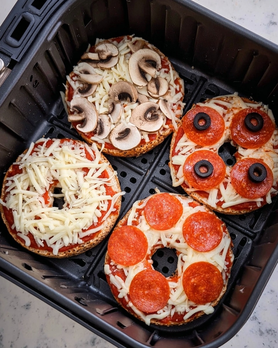 Inside a black air fryer basket with a white marbled background, there are four small bagel pizzas arranged in a square. Each bagel has one layer of red tomato sauce topped with a thick layer of shredded white cheese. The bagel in the top left corner has an extra thin layer of sliced mushrooms on top of the cheese. The bagel in the top right corner has four round red pepperoni slices and several small black olive slices on top. The bottom left bagel has three large red pepperoni slices evenly spread, while the bottom right bagel shows just cheese with no extra toppings. The bagels have a light brown toasted edge and a visible hole in the center. Photo taken with an iphone --ar 4:5 --v 7