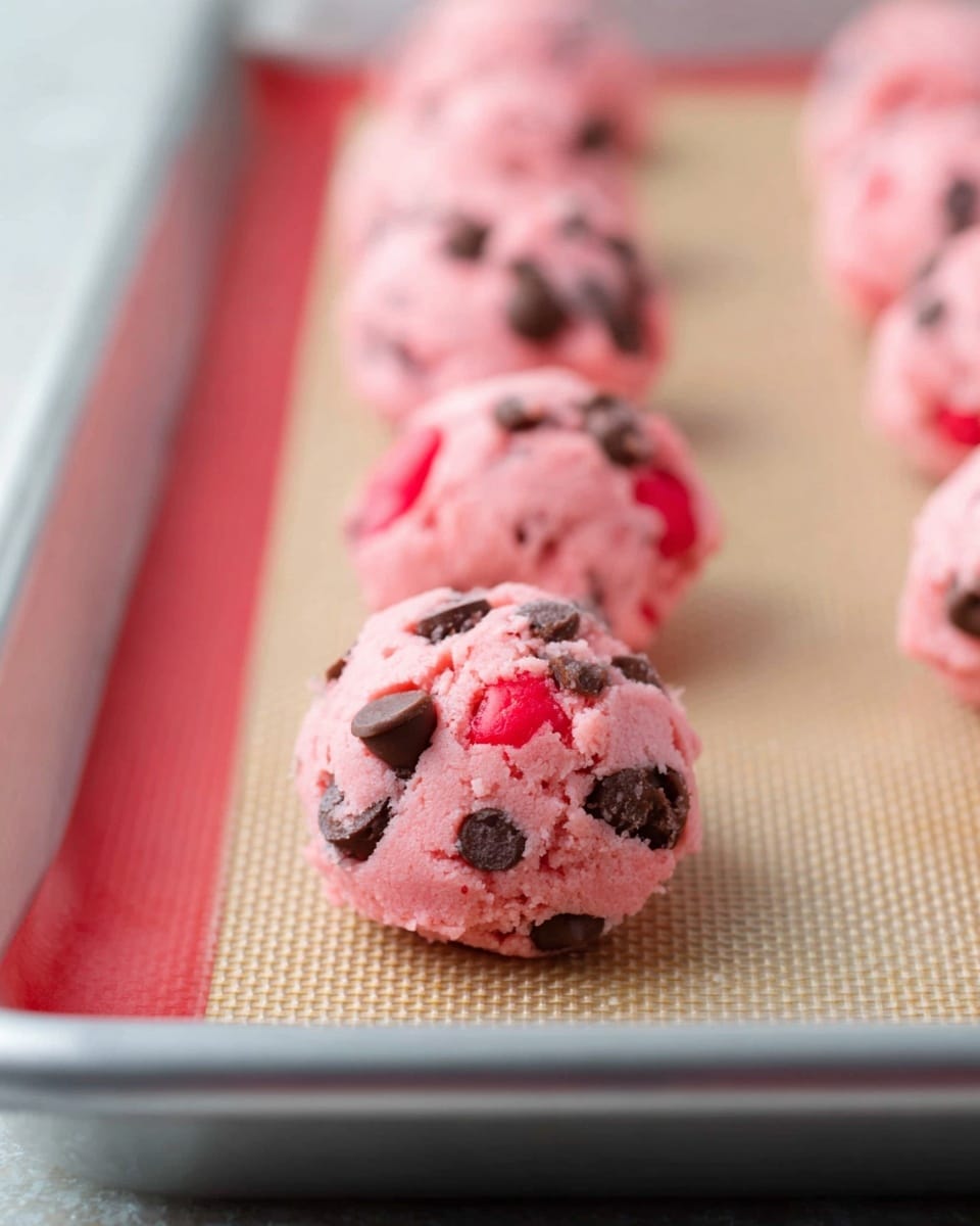 The image shows several pink cookie dough balls on a baking tray lined with a light beige silicone mat. Each dough ball is rounded with a rough texture, dotted with dark brown chocolate chips and small bright red fruit pieces inside. The dough balls are arranged in two rows along the tray, with the focus on the front ball that shows a mix of colors and chunky bits. The tray edges are silver metal, and the background is softly blurred. photo taken with an iphone --ar 4:5 --v 7