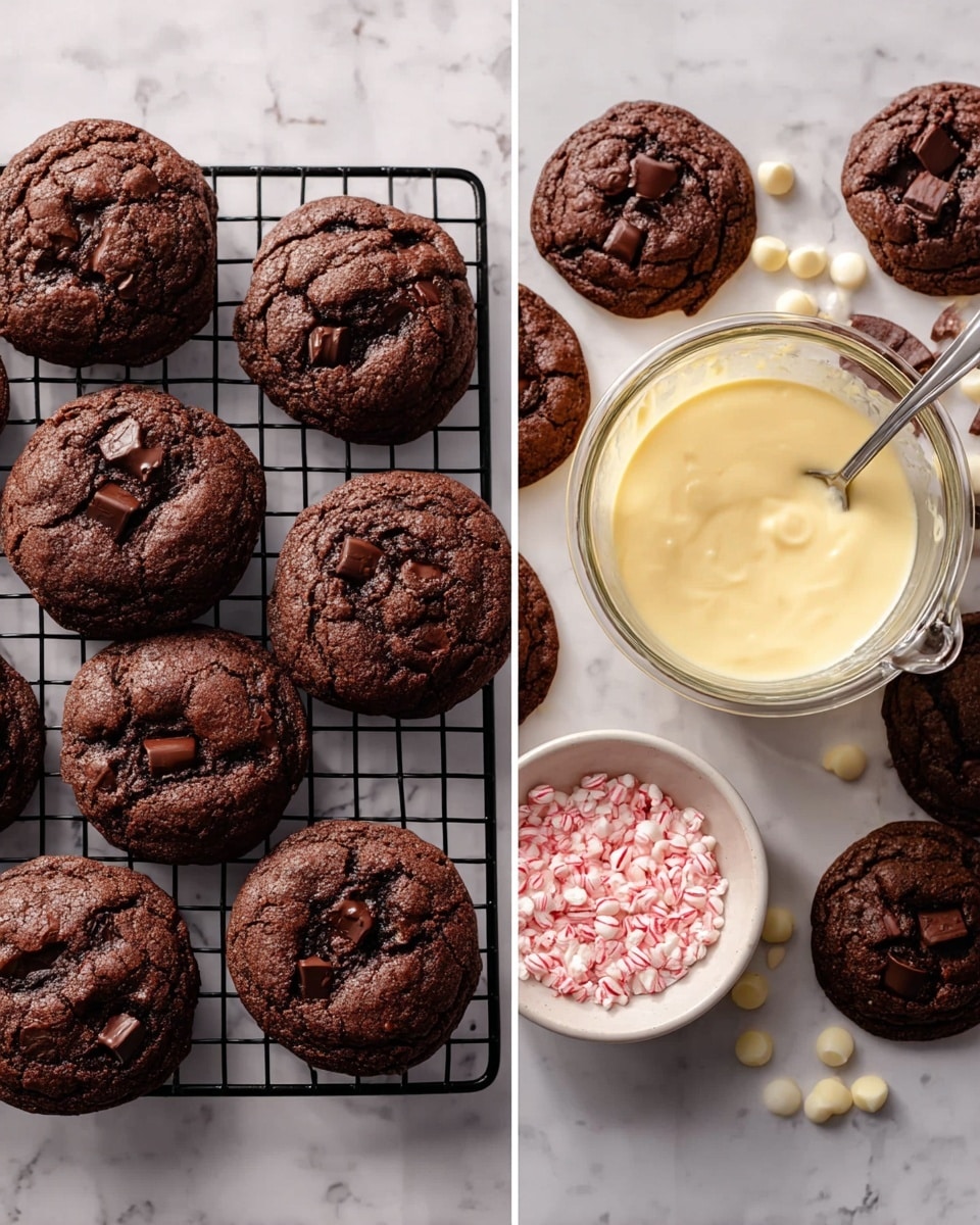 The image shows two scenes side by side with chocolate cookies. On the left side, there are nine round, dark brown cookies with a bumpy texture and some chocolate chunks on top, placed close to each other on a black wire cooling rack, set on a white marbled surface. On the right side, there are many of the same cookies spread around a clear glass measuring cup filled with smooth, light yellow cream with a silver spoon inside it. Near the cup, on a round white plate, there is a small white bowl filled with pink crushed candy and white chocolate chips. The background is a white marbled surface. photo taken with an iphone --ar 4:5 --v 7