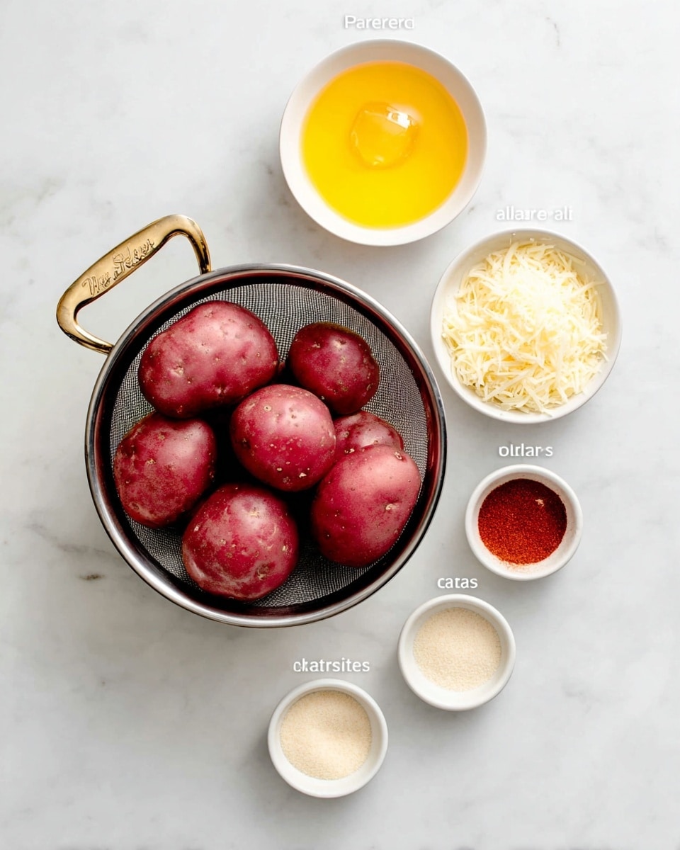 A close-up view of a dark baking tray filled with red-skinned potatoes that are broken open, showing soft, pale yellow insides. The potatoes are unevenly smashed, with their red skins wrinkled and rough on the outside. A black spoon held by a woman's hand drizzles golden, oily liquid over one of the potatoes near the center front. The background features a white marbled texture that contrasts with the dark tray. The lighting highlights the shiny, oily surface and soft texture of the potatoes. photo taken with an iphone --ar 4:5 --v 7