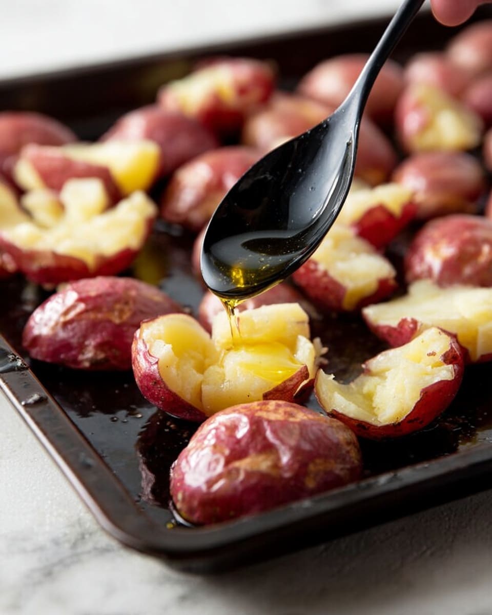 The image shows a round metal colander with two golden handles filled with whole red potatoes, placed on a white marbled surface. Above the colander, there is a small white bowl filled with melted butter, showing a bright yellow liquid texture. To the right of the butter, a slightly larger white bowl contains finely grated parmesan cheese, pale and grainy in texture. Below the parmesan, a small white bowl holds light beige garlic powder with a fine texture. At the bottom right, another small white bowl contains a small pile of red paprika powder with a smooth and fine texture. All items are arranged neatly with a clean, bright look. photo taken with an iphone --ar 4:5 --v 7