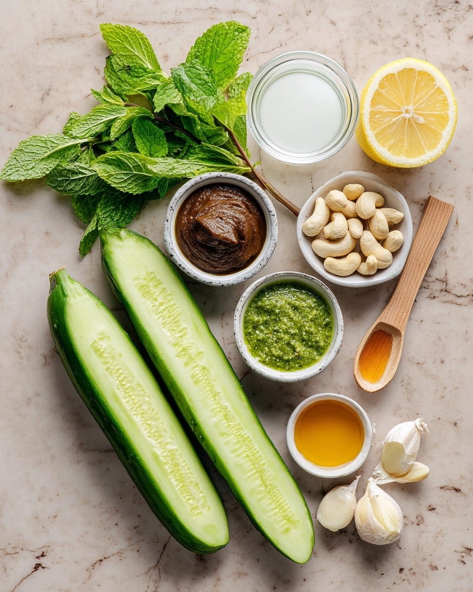 The image shows fresh ingredients laid out on a white marbled surface. Two halves of a cucumber with bright green skin and light green seeds lie side by side at the bottom left. Above the cucumbers, there is a small bunch of fresh green mint leaves. Next to the mint, a lemon cut in half reveals its juicy yellow interior. At the top center, there is a clear glass cup filled with white liquid. To the right of this cup, a small wooden spoon holds some white salt. Below the spoon, a small white bowl contains a thick dark brown paste. Next to it, a shallow white bowl holds a shiny green herb sauce. Below that, another white bowl holds cashew nuts that are light tan. To the bottom right, two peeled garlic cloves rest on the surface. Near the herb sauce, another small white bowl holds golden honey. Photo taken with an iphone --ar 4:5 --v 7