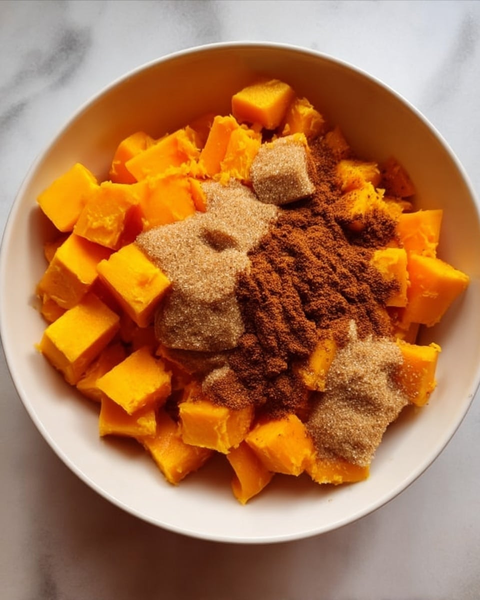 The image shows a white bowl filled with bright orange cubes of butternut squash as the bottom layer. On top of the squash, there is a heap of light brown sugar and a darker brown spice powder spread unevenly. The bowl sits on a white marbled surface, and the colors create a warm and cozy feel. Photo taken with an iphone --ar 4:5 --v 7