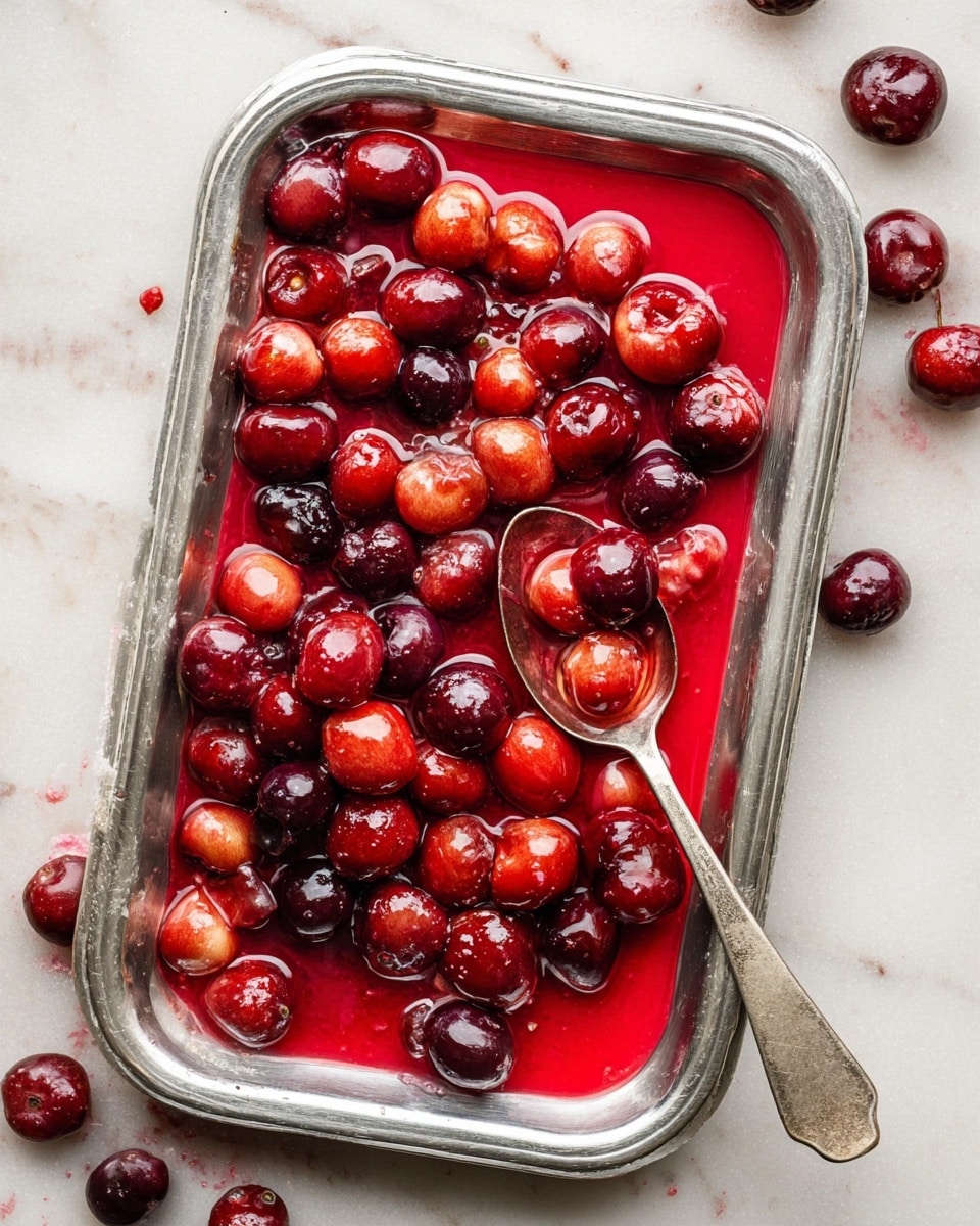 A silver tray filled with two layers of cooked cherries in red syrup, the cherries range in color from dark red to light red and pinkish shades, some cherries appear slightly softened and cracked, sitting in a bright red liquid that covers the bottom of the tray, a silver spoon rests on the right side, holding a few cherries, the tray is placed on a white marbled surface with a few scattered dark red cherries nearby photo taken with an iphone --ar 4:5 --v 7