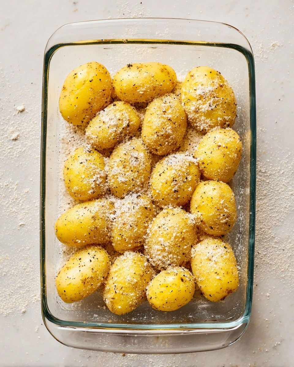 The dish shows a white plate with blue floral patterns filled with roughly two layers of thin golden-yellow potato slices that have crispy, dark brown edges. On one side of the plate, there is a creamy white sauce spread beneath about four potato slices, with a metal spoon resting on it. The potatoes are sprinkled with small bits of bright green herbs and some lemon zest. The plate is on a white marbled surface. photo taken with an iphone --ar 4:5 --v 7
