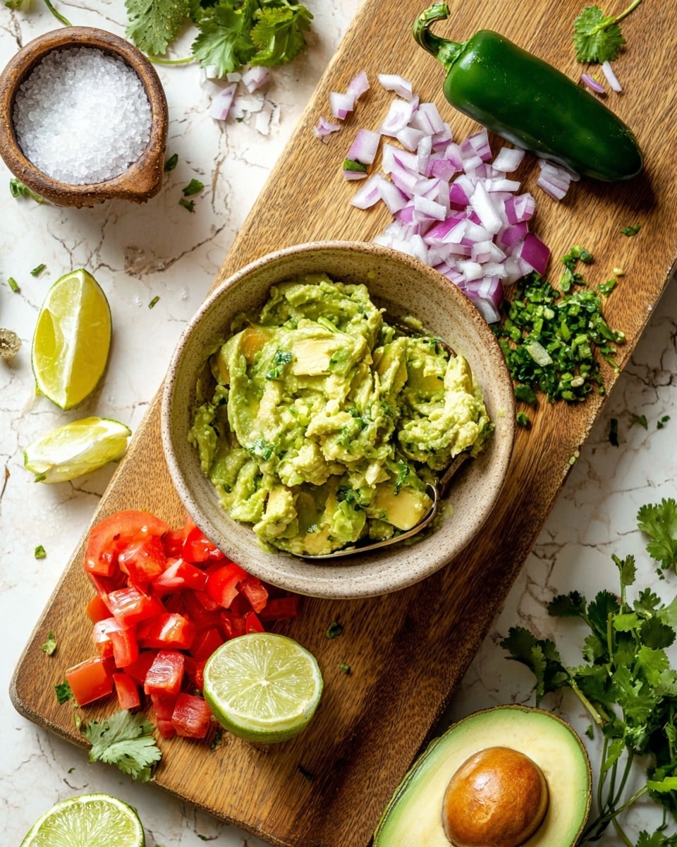 A bowl with mashed and sliced avocado, light green in color with a creamy texture, sits on a wooden cutting board surrounded by fresh ingredients. To the right of the bowl are diced bright red tomatoes and a sliced lime half showing light green flesh. Above the bowl, there are finely chopped red onions with white and purple colors, and chopped green herbs. A whole dark green jalapeño pepper is near the upper right corner of the board, and an open avocado half with its brown seed and green flesh is near the bottom right. The scene is set on a white marbled surface with scattered green cilantro leaves and a small bowl of coarse salt nearby. Photo taken with an iphone --ar 4:5 --v 7