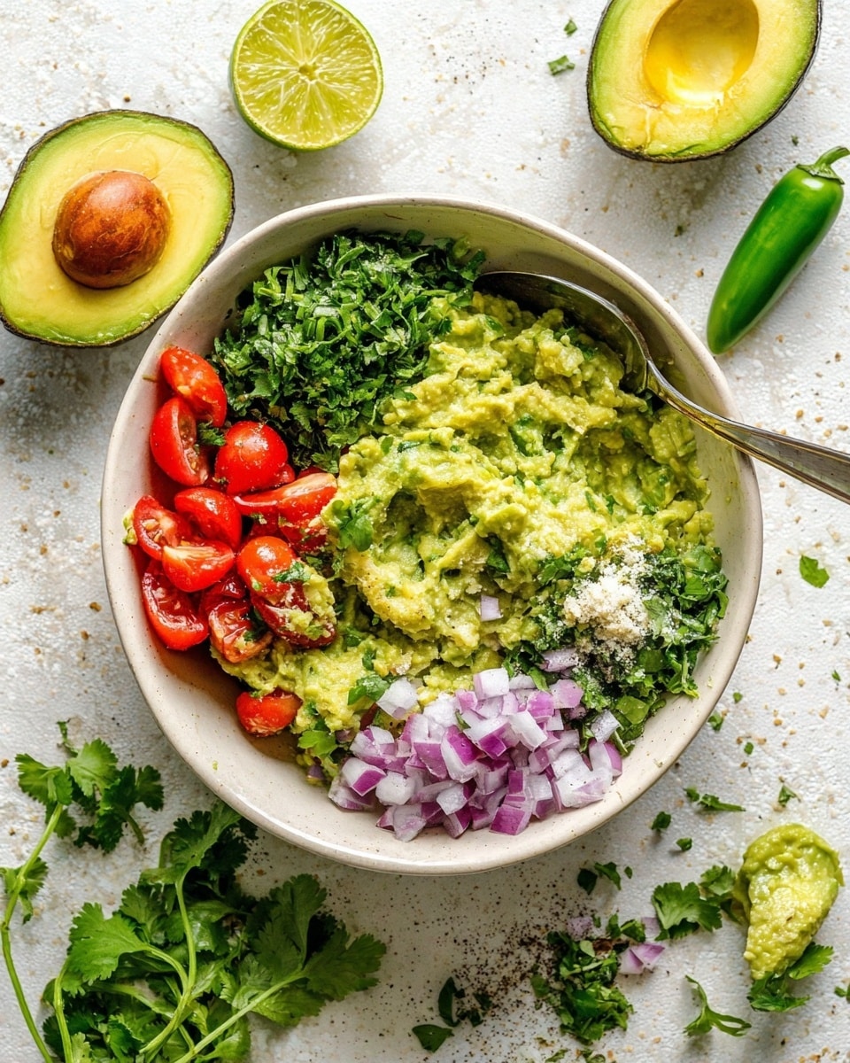 A round white bowl sits on a white marbled surface filled with mashed bright green avocado as the base layer. On top in sections are finely chopped dark green cilantro, small diced purple onions, fresh red grape tomatoes cut in halves, a small mound of minced garlic, and salt with cracked black pepper sprinkled. Around the bowl are avocado halves, a squeezed lime, a jalapeño, and some scattered cilantro leaves. A silver spoon rests inside the bowl among the onion pieces. Photo taken with an iphone --ar 4:5 --v 7