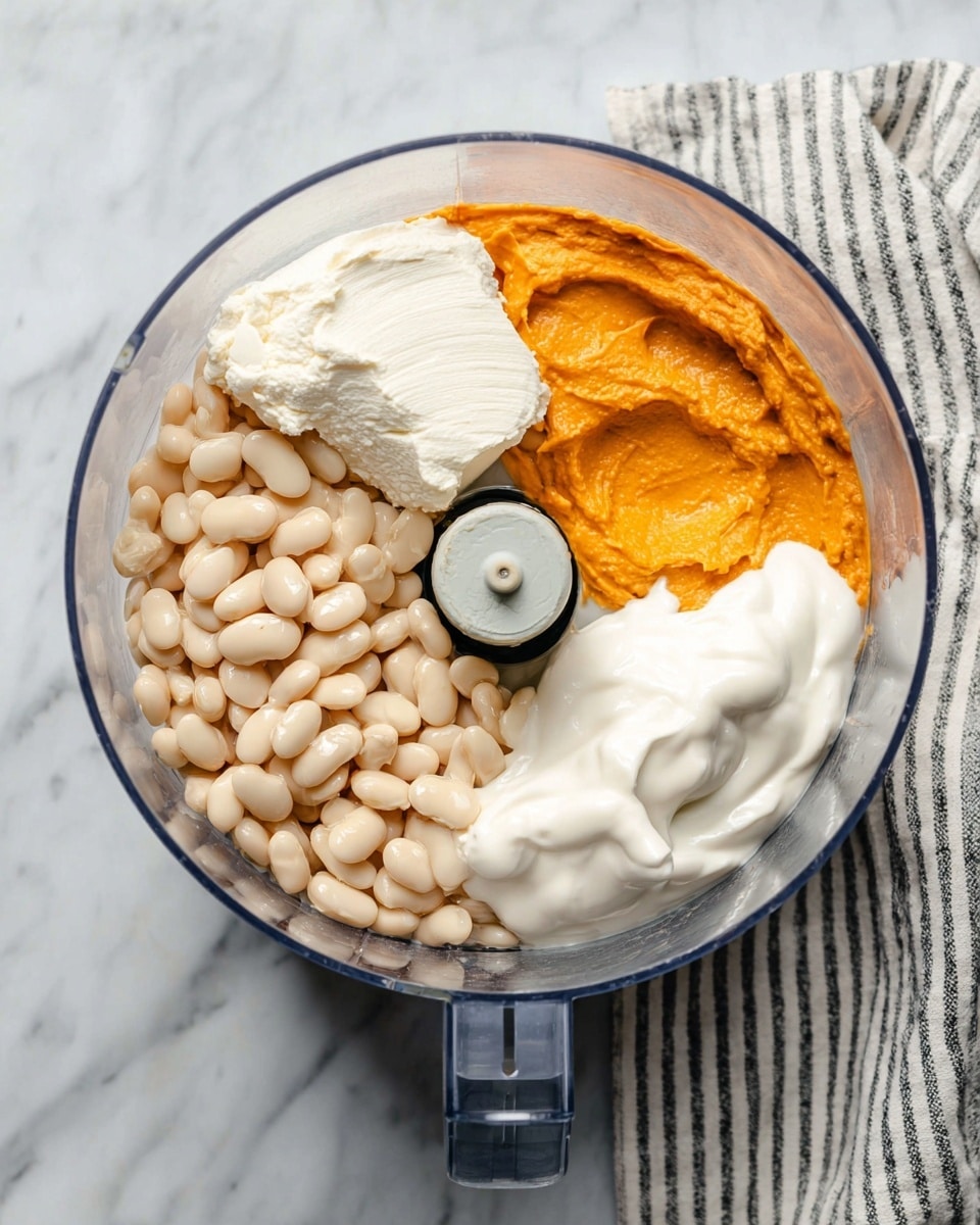 The image shows a clear food processor bowl with four main layers inside arranged next to each other: on the left side, there is a large pile of white beans with a smooth, soft texture; on the top right lies a thick creamy layer of white cream cheese that looks soft and dense; next to it on the right is a bright orange sauce or puree with a smooth texture and some swirls; and at the bottom right is a thick white layer of sour cream or yogurt with a shiny surface. The food processor is placed on a white marbled surface next to a striped cloth. Photo taken with an iphone --ar 4:5 --v 7