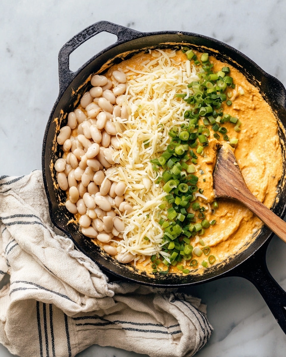 A black cast-iron pan is placed on a white marbled surface, filled with a creamy orange layer spread across the bottom. On top of this, there are small soft white beans scattered mainly on the left side, and a mix of shredded pale yellow and white cheese near the beans, extending slightly toward the center. Fresh chopped green onions are sprinkled mostly in the center and right side over the orange base and cheese. A wooden spoon rests in the pan, partially covered in the orange creamy layer with some green onions on it. A beige cloth with black stripes is laid beside the pan on the surface. Photo taken with an iphone --ar 4:5 --v 7