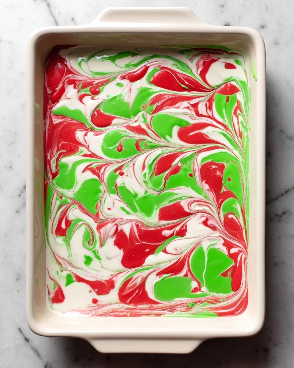 A white rectangular baking dish filled with a layered batter showing a swirling mix of red, bright green, and white colors. The colors are spread unevenly, forming heart and wavy shapes while blending softly at the edges. The dish is placed on a white marbled surface, and the vibrant colors stand out clearly against the simple background. photo taken with an iphone --ar 4:5 --v 7