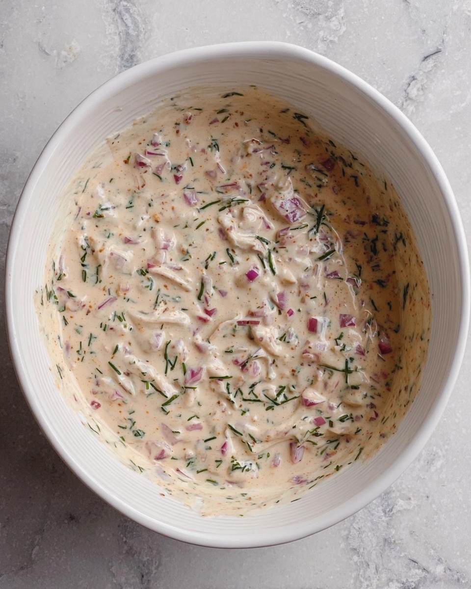 A white bowl filled with a creamy light beige sauce mixed with small pieces of red onion and green herbs evenly spread throughout. The sauce has a thick, smooth texture with visible flecks of spice and finely chopped herbs, giving it a fresh look. The bowl is placed on a white marbled surface, enhancing the light tones of the dish. photo taken with an iphone --ar 4:5 --v 7