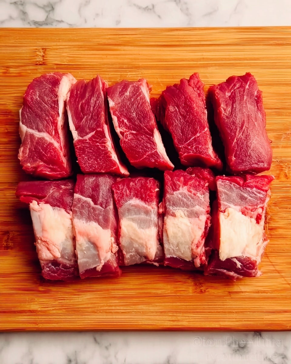 The image shows a wooden board with six large pieces of raw red meat arranged side by side. Each meat piece has a mix of dark and light red colors with some white fat parts, mainly at the bottom of each piece. The meat looks fresh and moist, placed directly on the smooth wooden surface. The background is a white marbled texture. photo taken with an iphone --ar 4:5 --v 7
