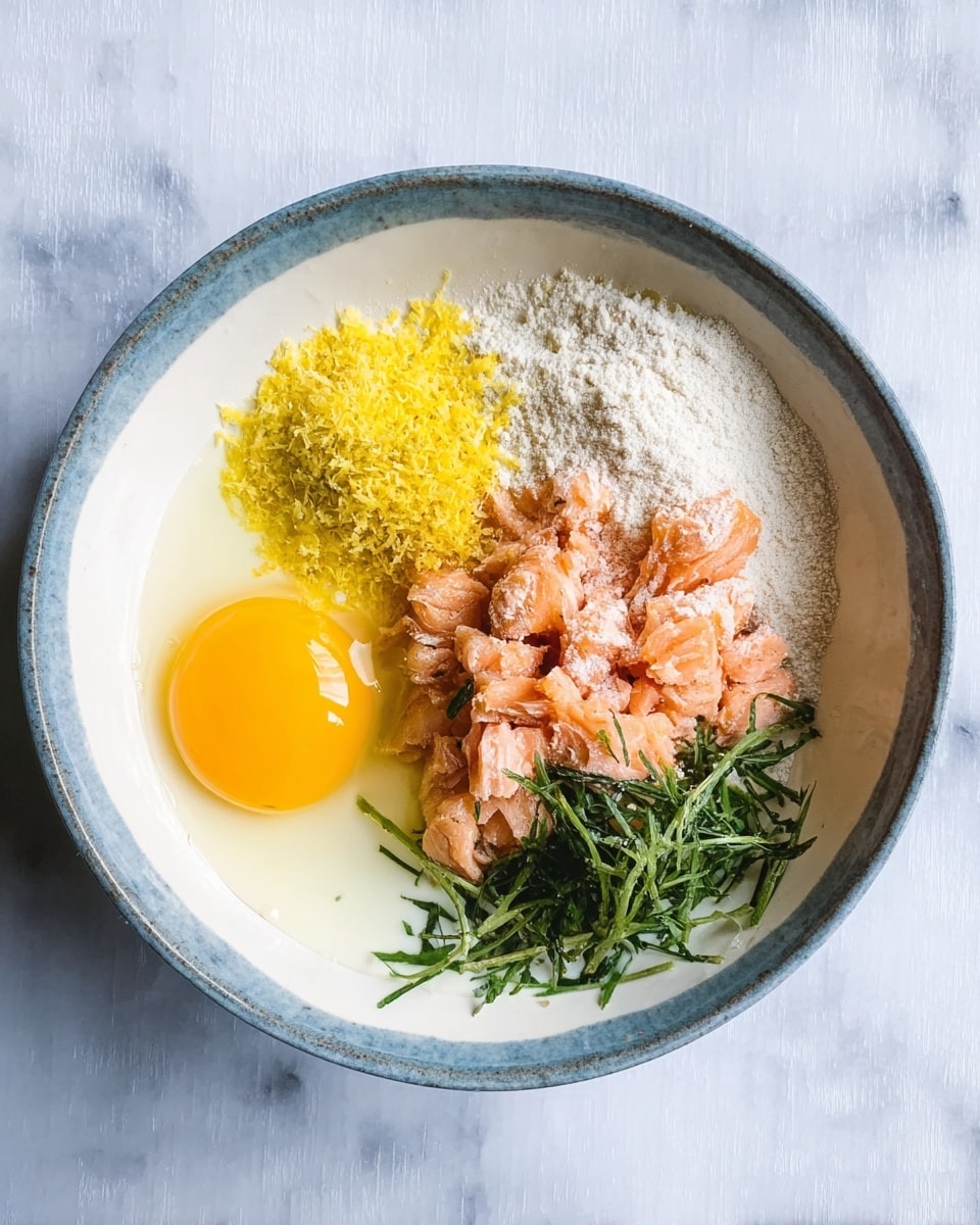 A top view of a white bowl with a gray rim on a white marbled surface showing four main layers neatly placed apart inside; on the left is a bright yellow raw egg yolk with clear egg white around it, next to it is a small pile of yellow lemon zest, to the right is a heap of fine white flour, and below that is a cluster of pink cooked salmon chunks topped with strips of dark green fresh herbs. photo taken with an iphone --ar 4:5 --v 7
