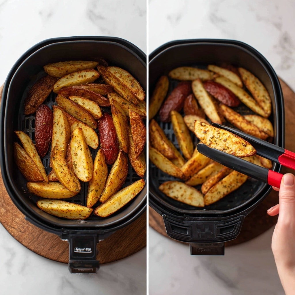 The image shows two views of an air fryer basket filled with cooked potato wedges of different colors and sizes. The basket is black with a ridged bottom, placed on a wooden board. The potato wedges are arranged in a single layer, covering the basket bottom evenly. Their colors include golden yellow, deep red, and light brown, with a slightly rough texture and visible seasoning. In the second part of the image, a woman's hand is holding red-tipped black tongs, lifting one golden yellow wedge. The background surface is white marbled texture. photo taken with an iphone --ar 4:5 --v 7