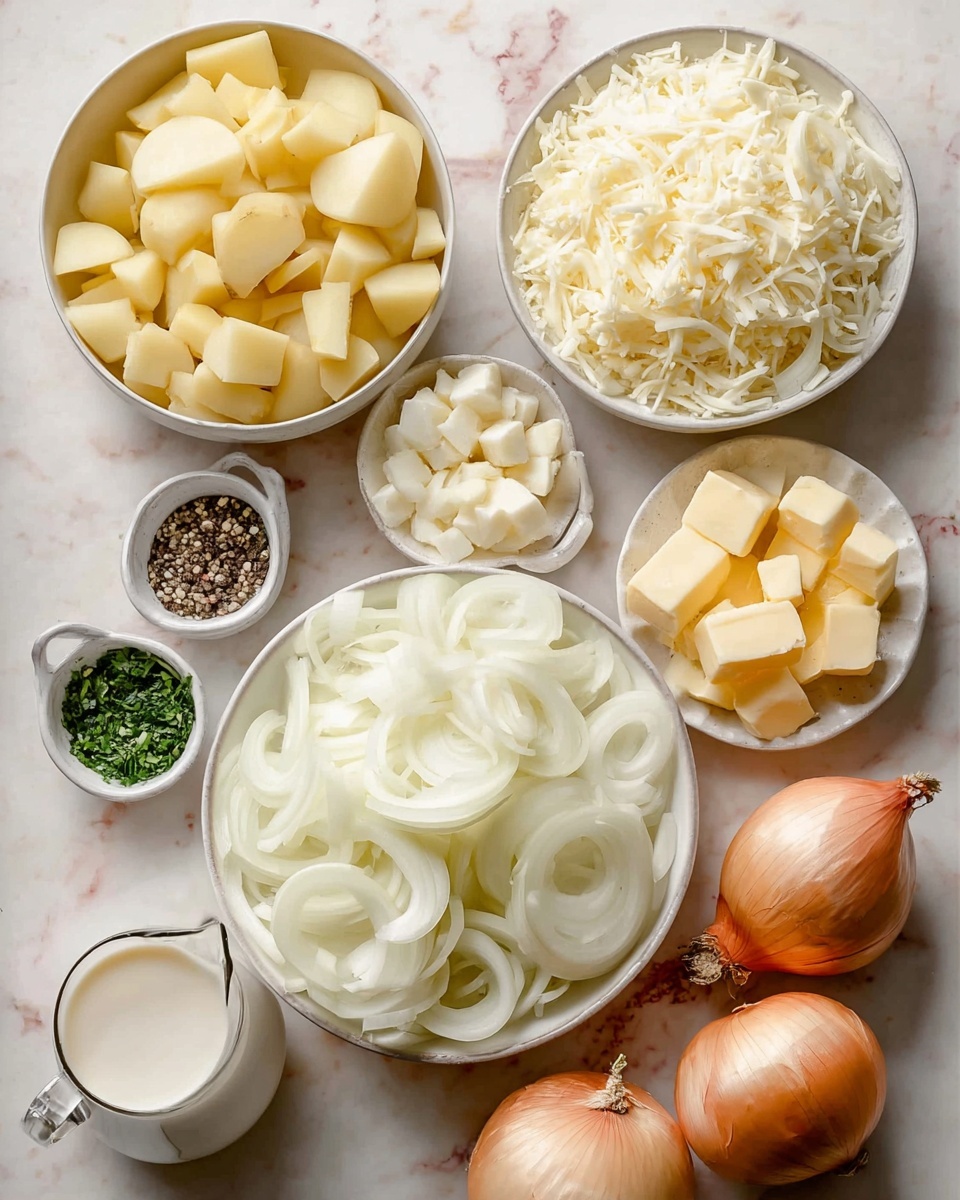 The image shows a top view of several white bowls arranged on a white marbled surface. The largest bowl on the left is filled with peeled and chopped light yellow potatoes in big pieces. To its right, a large bowl holds many sliced white onions with smooth, curved edges. Above the onions is a medium white bowl full of thin, shredded white cheese. Next to the cheese, a smaller white bowl holds several cubes of solid yellow butter. Near them, there are small dishes with chopped green herbs, white salt, black pepper, and sliced garlic. On the bottom left, a glass jug contains white cream. At the bottom right corner, two whole yellow onions with a light brown top are placed. The whole setting looks clean with natural light. photo taken with an iphone --ar 4:5 --v 7