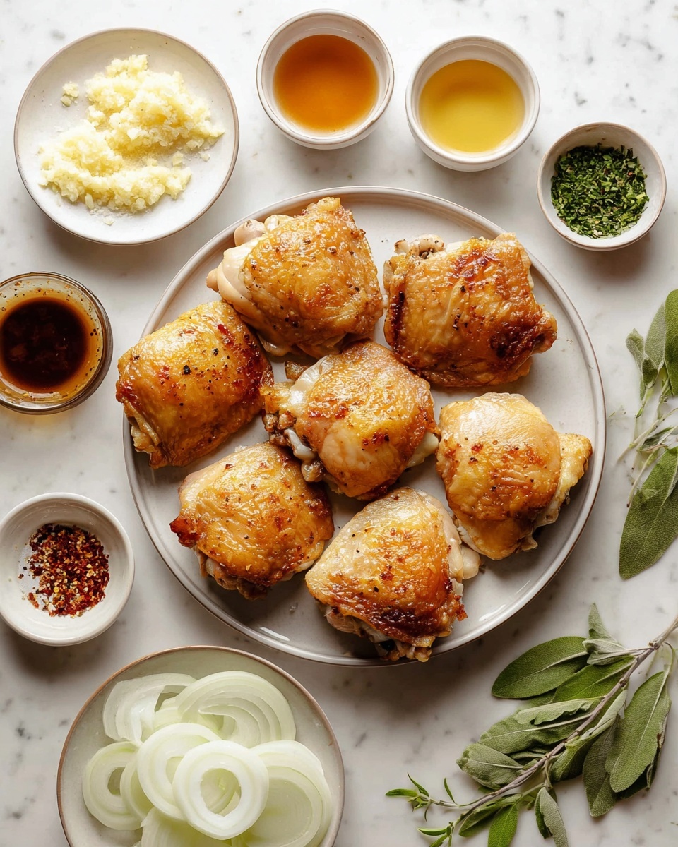 A white round plate holds seven golden brown chicken thighs with crispy skin arranged in a circular pattern, each showing a slightly textured and shiny surface. Surrounding the plate are eight small white bowls containing different ingredients, including pale yellow minced garlic, light green bay leaves, fine white salt, bright amber liquid, fresh green herbs, dark red chili flakes, and a thick, dark brown sauce. A larger white bowl at the bottom contains thinly sliced white onion rings. The whole setup is on a white marbled surface with a few small green herb sprigs scattered around. Photo taken with an iphone --ar 4:5 --v 7