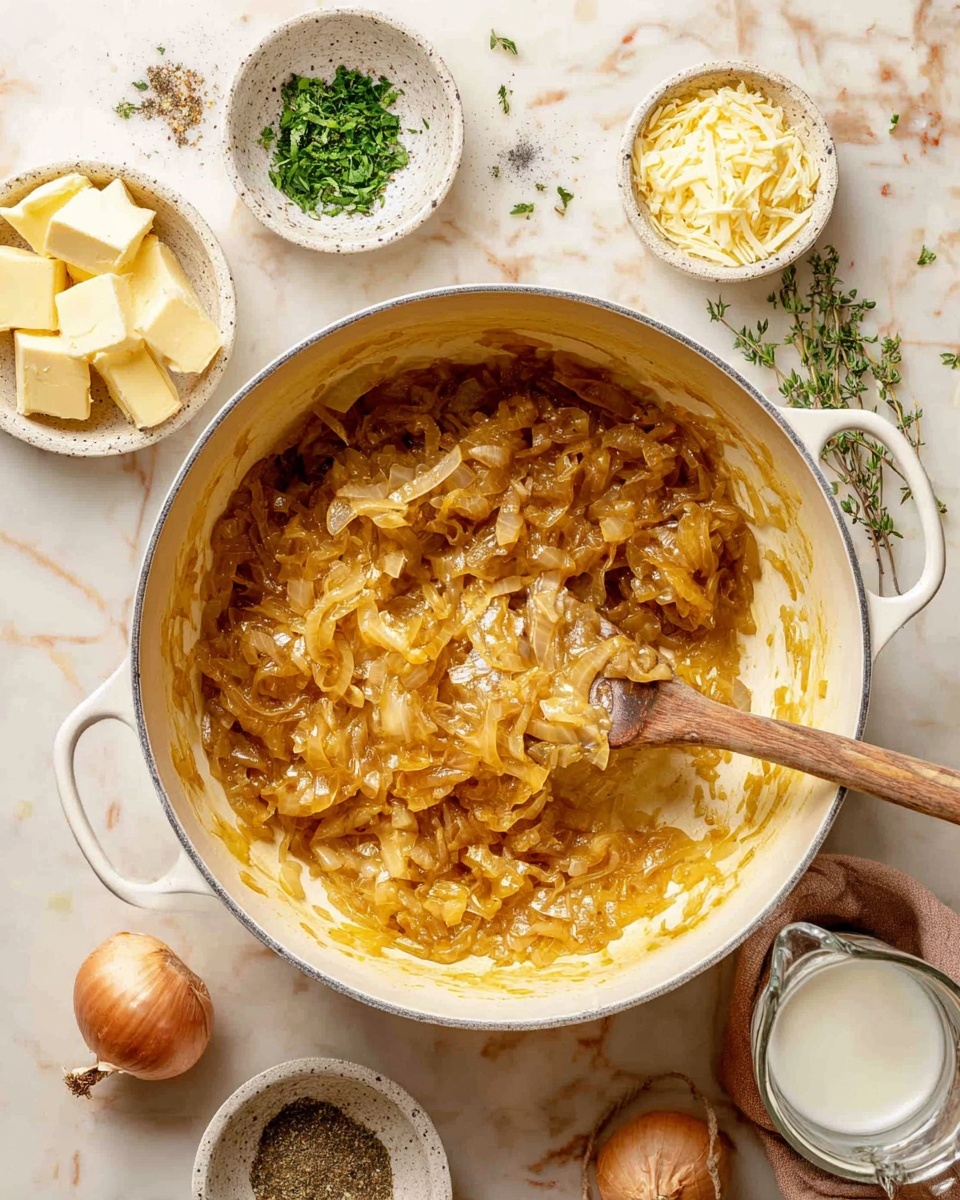A white cooking pot filled with soft, golden-brown caramelized onion rings that have a slightly oily shine, with a wooden spoon resting on the right side lifting some onions. Below the pot, a white plate holds four cooked chicken pieces with a browned, crispy skin. Surrounding the pot and plate, there are small white bowls with green herbs, dark brown sauce, light brown broth, and two dried bay leaves on a white marbled surface scattered with small green herb sprigs. The overall scene has a warm, inviting look. photo taken with an iphone --ar 4:5 --v 7