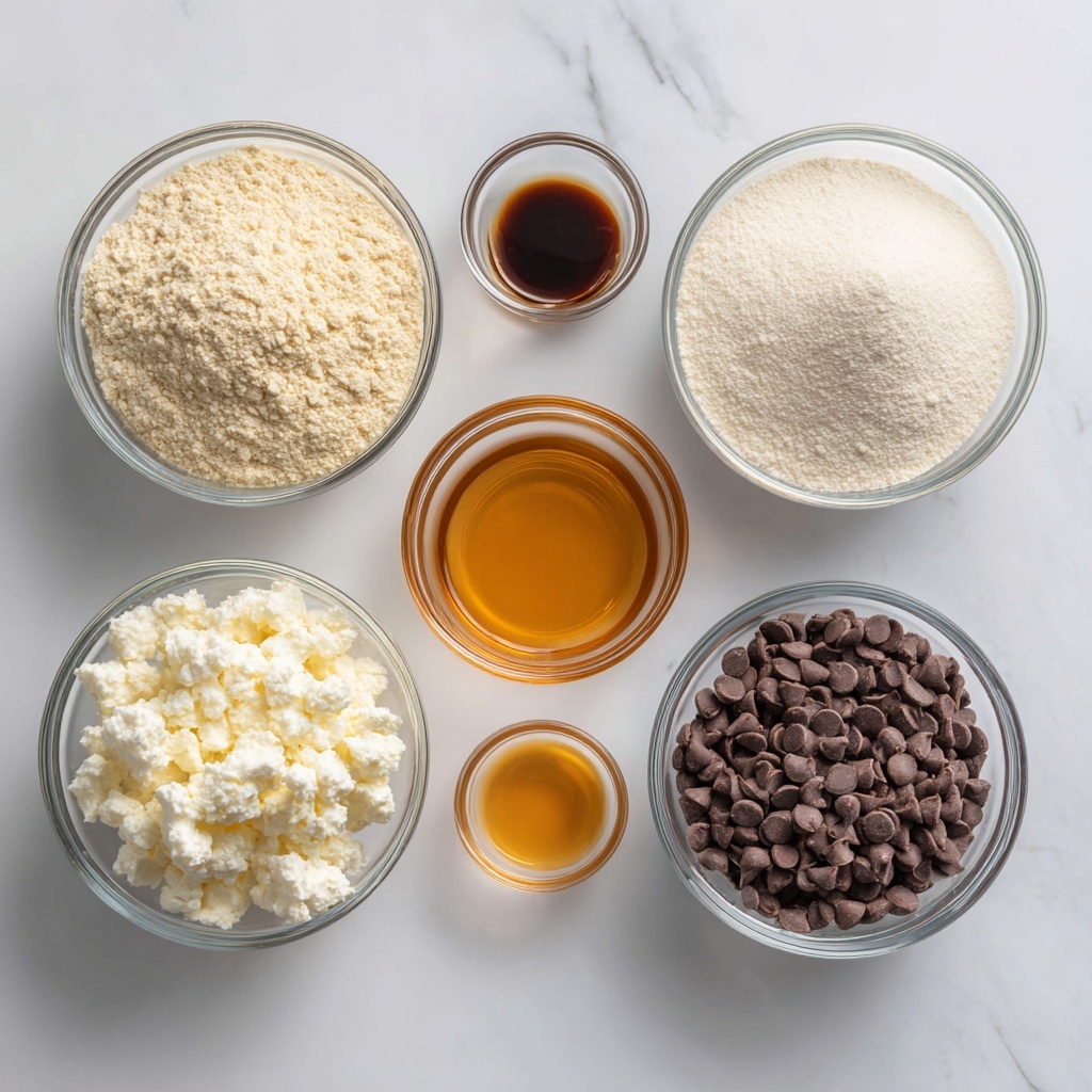 The image shows six clear glass bowls placed on a white marbled surface, each filled with a different ingredient. Starting from the top left, there is a bowl of light beige almond flour with a fine texture. To its right, a smaller bowl contains dark brown vanilla extract. Next to that is a bowl filled with off-white protein powder that looks soft and powdery. Below the almond flour, there's a small bowl with amber maple syrup that has a smooth, liquid texture. In the center near the bottom, a bowl holds white cottage cheese with a lumpy and creamy texture. Finally, on the bottom right, a bowl is filled with small, dark brown chocolate chips that have a smooth and glossy appearance. All the bowls are evenly spaced on the white marbled surface. photo taken with an iphone --ar 4:5 --v 7