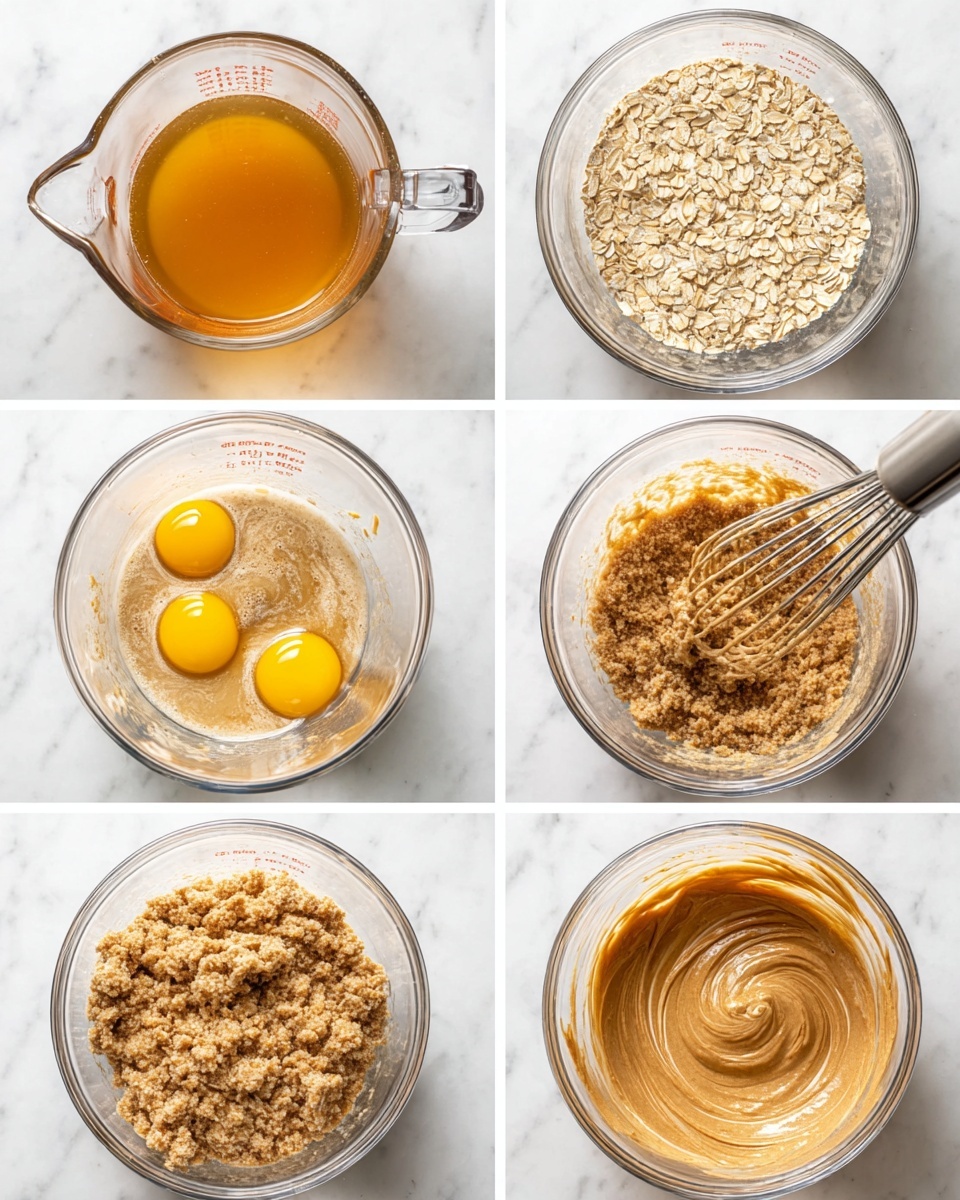 Brown Butter Iced Oatmeal Cookies Recipe 4 This image shows six steps in a baking process arranged in two columns and three rows against a white marbled texture. The first image is a clear glass measuring cup filled with golden liquid, possibly honey or syrup. The second image shows a top view of a food processor bowl with light brown rolled oats inside. The third image is a clear glass bowl holding a crumbly, light brown mixture with a whisk resting in it. The fourth image is almost the same, but now includes two bright yellow egg yolks sitting on the crumbly mixture. The fifth image shows the mixture transformed into a smooth and light brown batter with the whisk still inside. The sixth image continues in the same bowl, but now this batter is swirled with a darker brown liquid, creating a marbled effect. photo taken with an iphone --ar 4:5 --v 7