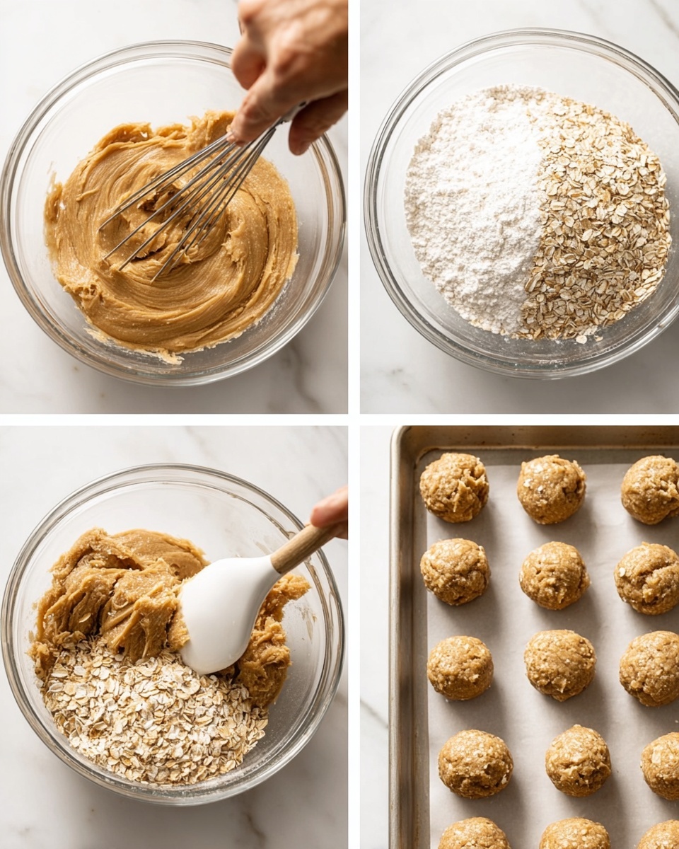 Brown Butter Iced Oatmeal Cookies Recipe 5 A collage of four images shows the process of making cookie dough in a clear glass bowl on a white marbled surface. The first image has a woman's hand whisking a smooth light brown dough with a shiny metal whisk. The second image shows the same bowl with the dough now topped with two piles of white flour and rolled oats, side by side. The third image captures the dough mixed with visible oats, stirred thickly with a spatula that has a white head and wooden handle. The fourth image presents uniform round balls of the oatmeal dough arranged closely on a baking tray, showing rough texture and oat flakes. photo taken with an iphone --ar 4:5 --v 7