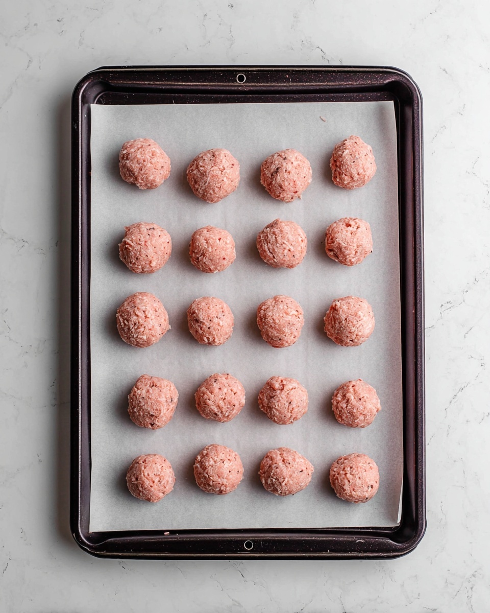 A dark baking tray lined with white parchment paper holds 25 small, round, pinkish dough balls evenly spaced in a 5 by 5 grid. The dough balls have a crumbly texture with tiny bits visible on their surface, and the tray is placed on a white marbled surface. Photo taken with an iphone --ar 4:5 --v 7