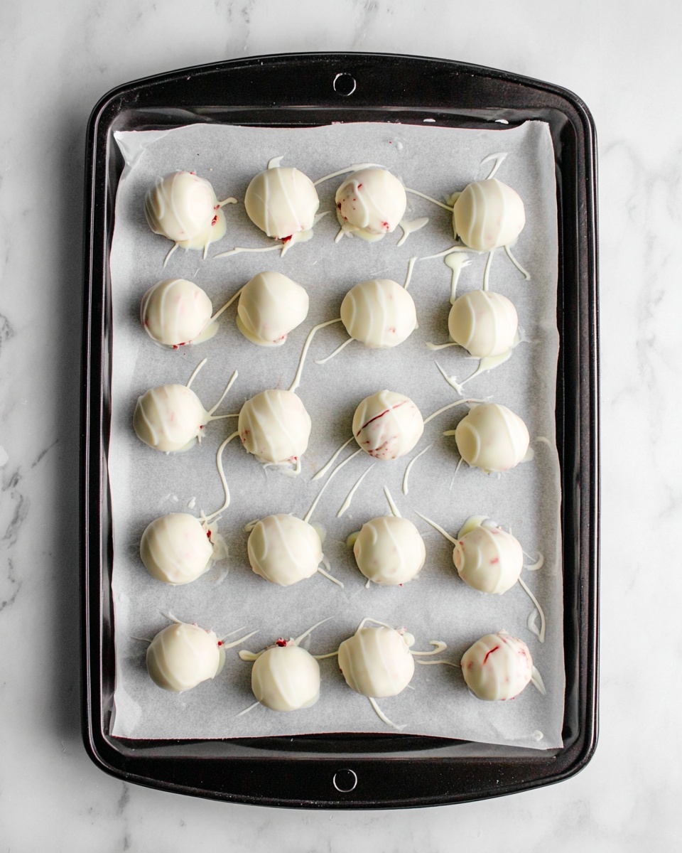 A black metal baking tray holds 24 small round balls arranged in a 6 by 4 grid, each covered in a smooth layer of white coating that looks slightly shiny and uneven, with some white drips and strings around the edges. The balls rest on white parchment paper that is slightly crinkled and covers the entire tray. Some balls show small hints of a red layer underneath the white coating. The tray is placed on a white marbled surface with a soft natural light, highlighting the glossy texture of the coating. photo taken with an iphone --ar 4:5 --v 7