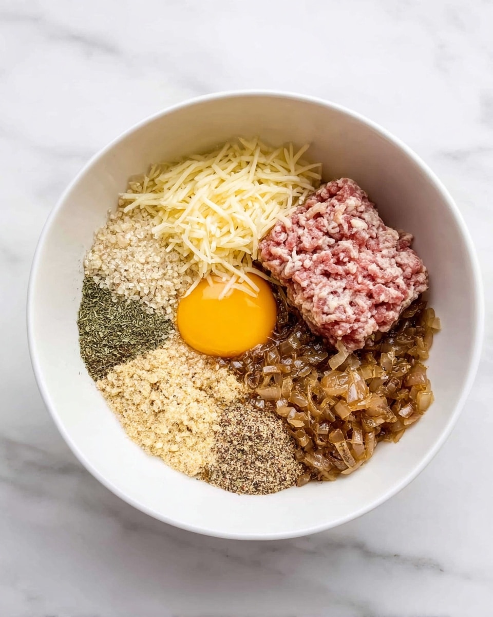 A white bowl placed on a white marbled surface holds multiple layers of ingredients ready to be mixed. In the bowl, there is a block of light pink raw ground meat on the right side, topped partially by chunky, browned sautéed onions which cover the lower right area. Above the meat, a bright yellow raw egg yolk sits in the center. Surrounding the egg yolk, shredded pale yellow cheese fills the upper left section. To the left side, there are three types of dry ingredients: pale green dried herbs at the top left, light brown breadcrumbs near the bottom left, and a mix of various dried seasonings with a slightly rough texture in the bottom center. The ingredients are neatly separated but close to each other within the bowl. photo taken with an iphone --ar 4:5 --v 7