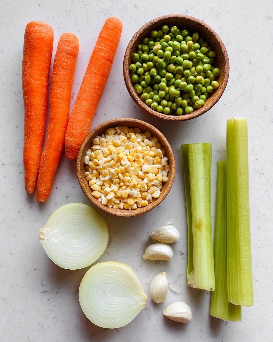 The image shows fresh vegetables and frozen items neat on a white marbled surface. On the left side, there are four whole bright orange carrots. Near the center top, a round wooden bowl holds many small, round, green peas. Below it, another round wooden bowl is filled with light yellow frozen corn kernels. To the right of the bowls, there are three celery stalks standing upright with a pale green color. Below the celery, there are two halves of a white onion placed cut side up, showing smooth layered circles inside. Near the top right, three garlic cloves with white skin are scattered close together. The arrangement is clear and simple, highlighting the colors and textures of the fresh and frozen vegetables photo taken with an iphone --ar 4:5 --v 7