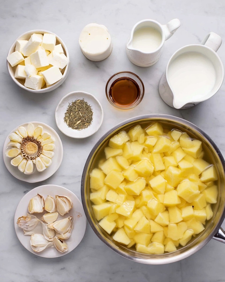 The image shows a top view of several ingredients arranged on a white marbled surface. On the right side, there is a large metal bowl filled with peeled, chopped yellow potatoes covered in water. To the left, there is a collection of small white bowls and a jug, each containing different ingredients: one bowl has white cubed cheese, another has cubed butter, a small plate holds a halved roasted garlic bulb and some peeled roasted garlic cloves, a small round plate contains dried herbs, a jug with a brown liquid, and a glass jug with white cream. The bowls and plates are neatly spaced and all white. Photo taken with an iphone --ar 4:5 --v 7
