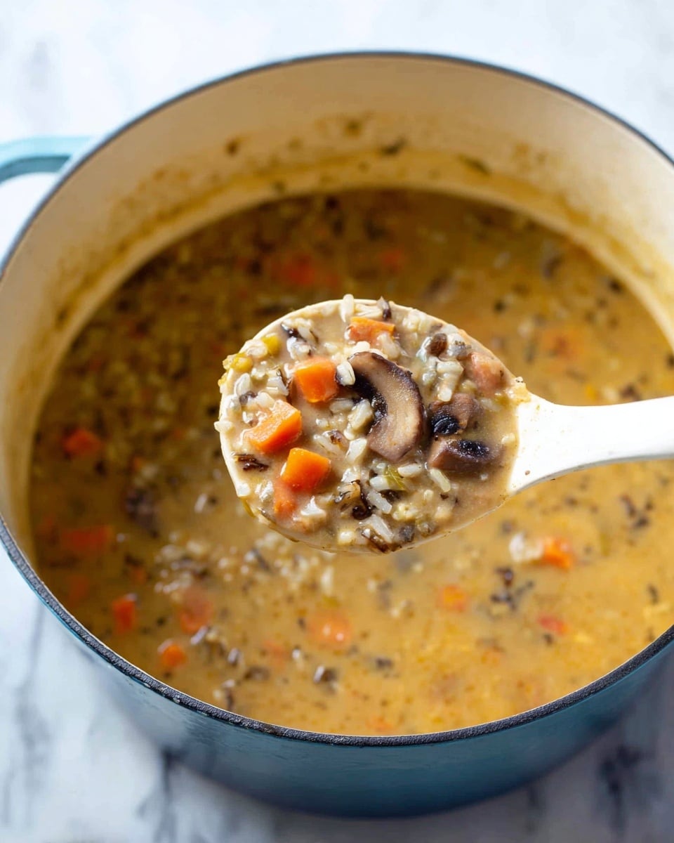 A white spoon is holding a thick soup above a large blue pot with an off-white inside. The soup has visible diced orange carrot pieces, dark brown mushroom slices, and small bits of rice and onion, all mixed in a creamy light brown broth. The pot sits on a white marbled surface, and the soup looks hearty and full of texture. Photo taken with an iphone --ar 4:5 --v 7