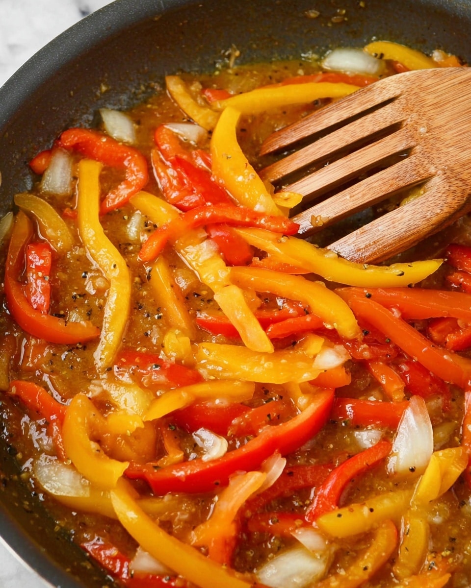 The image shows a close-up of a cooking pan with sliced orange, yellow, and red bell peppers and chopped white onions cooking in a bubbling brown sauce. The vegetables are mixed together, glistening with the sauce, which has small black specks, likely pepper or seasoning. A wooden slotted spatula is resting diagonally on the right side of the pan, partially submerged in the sauce and vegetables. The texture appears soft but still holds the shape of the sliced peppers and onion pieces. The background is a white marbled surface. photo taken with an iphone --ar 4:5 --v 7