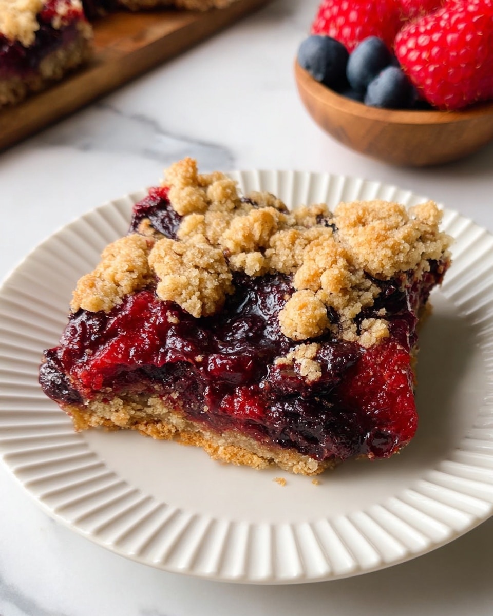 A piece of berry crumble bar sits on a white plate with raised ridges around the edge. The bar has two layers: the bottom crumbly golden brown crust and a thick, glossy dark red berry filling made from mixed berries. On top, there are uneven chunks of the golden crumble baked to a crisp. Behind the plate is a white marbled surface with a small wooden bowl filled with fresh red raspberries and blue blueberries, and a few loose berries scattered nearby. photo taken with an iphone --ar 4:5 --v 7