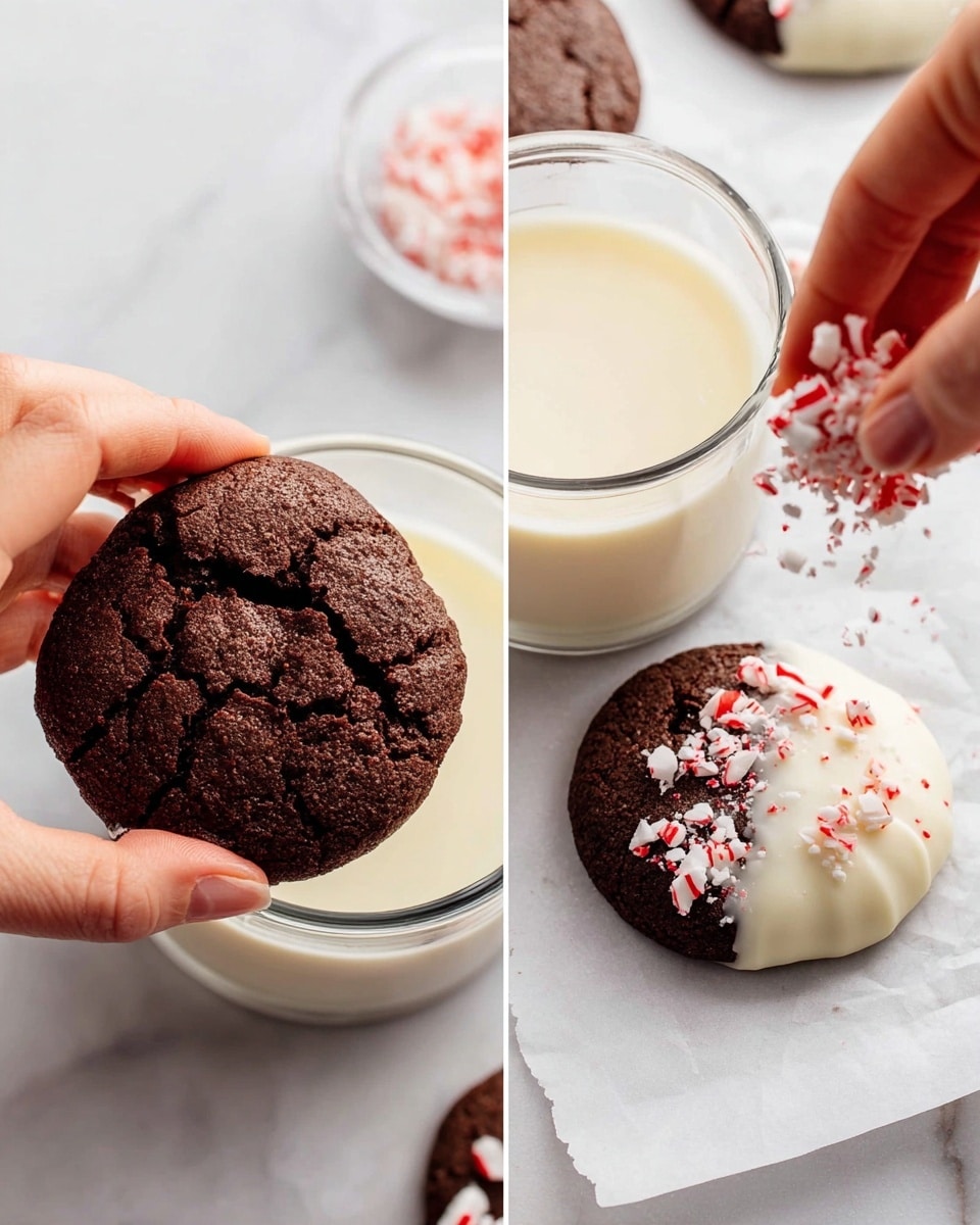 The image shows two views of chocolate cookies dipped halfway into white chocolate. On the left, a woman's hand holds a round, dark brown cookie with a rough texture, dipping it into a clear measuring cup filled with smooth white chocolate. On the right, the cookie is lying on white paper on a white marbled surface, half covered with white chocolate, and sprinkled with small, crushed red and white candy pieces. A woman's hand is sprinkling more crushed candy on top of another dipped cookie nearby photo taken with an iphone --ar 4:5 --v 7