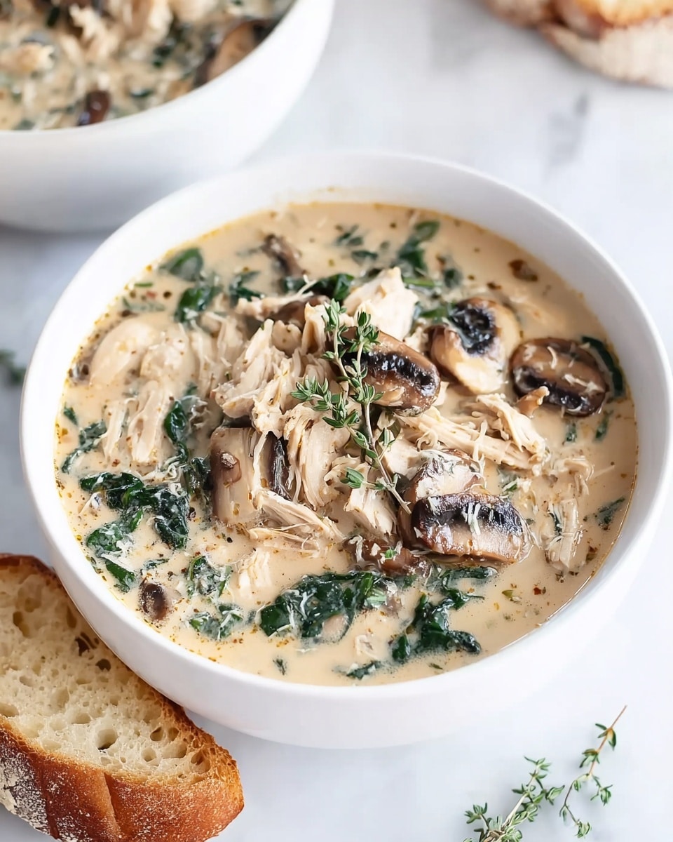 The image shows a white bowl filled with creamy soup that has three main layers visible: the base is a light beige creamy broth, the middle layer has dark brown and tan mushroom slices and dark green spinach leaves scattered throughout, and the top layer has shredded white chicken pieces and a small sprig of fresh thyme placed centrally. The bowl sits on a white marbled surface with a slice of toasted bread in the foreground and another white bowl with the same soup blurred in the background. A woman's hand is lightly touching the edge of the bowl. The photo taken with an iphone --ar 4:5 --v 7