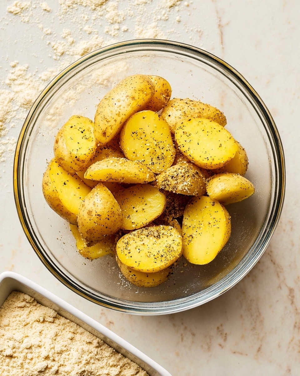The image shows a clear glass baking dish filled with whole yellow potatoes. The potatoes are arranged in a single layer, evenly spaced, and covered lightly with a mix of white powder and black pepper seasoning. The potatoes have a slightly rough texture with visible seasoning bits on their surface. The baking dish rests on a white marbled surface sprinkled with some of the same white powder seen inside the dish. Photo taken with an iphone --ar 4:5 --v 7
