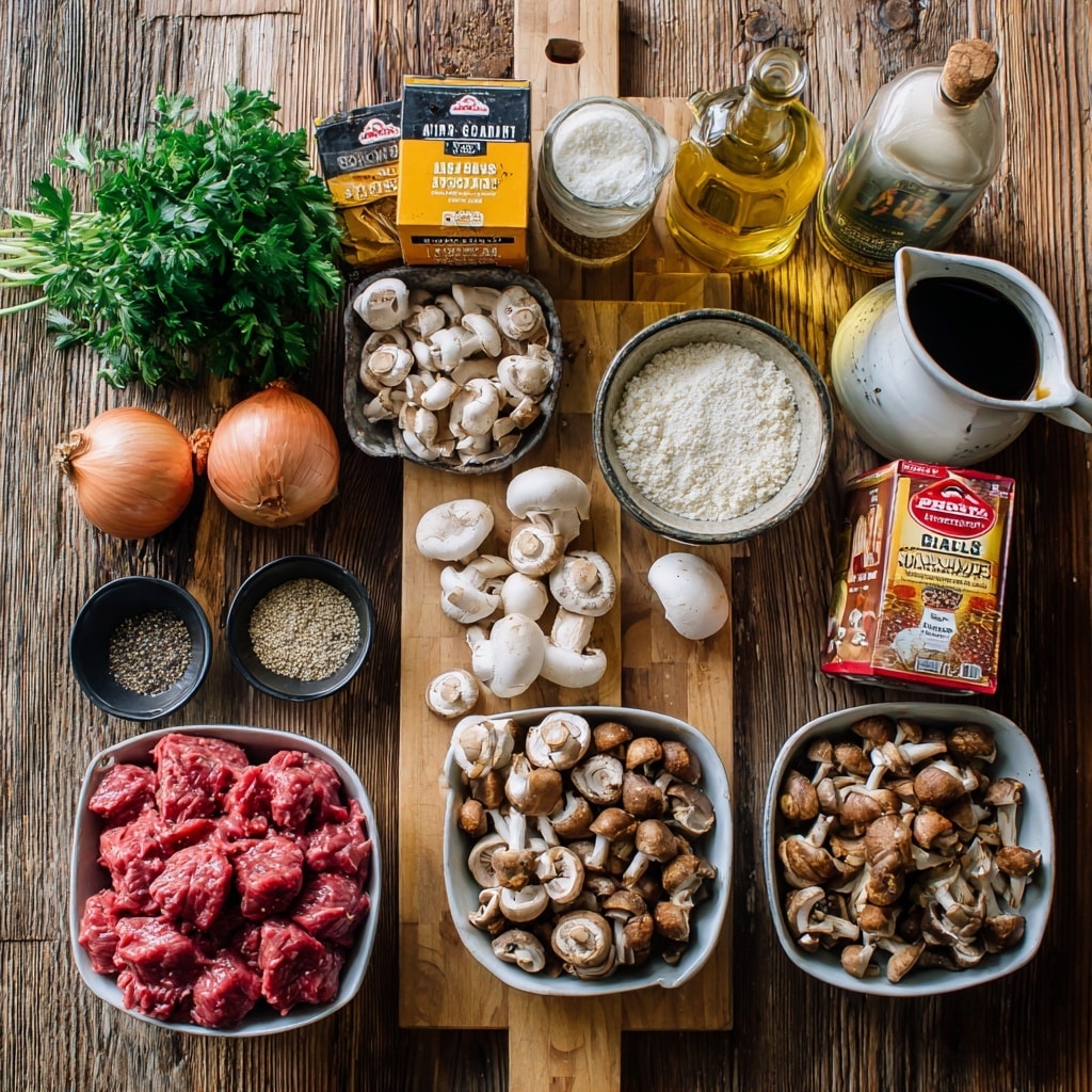 The image shows various ingredients neatly arranged on a wooden surface with a strip of wood in the middle, all labeled with white text. In the center bottom, there is a white bowl filled with red, chopped beef. To the right, a white bowl is filled with different types of whole and sliced mushrooms in light and dark brown shades. Above the mushrooms, there is a small white bowl with white cornflour and a bit further, a small clear jar with cream. To the top right, a white jug holds a dark, almost black liquid labeled stock. Next to it is a glass bottle with yellow oil. To the left, a small black bowl contains pepper, and another black bowl contains salt. A small bunch of green parsley sits on the left on the wooden surface. To the left, near the parsley, there is a whole brown onion and a few pink garlic cloves. A mustard jar with a tan label is placed above the beef, and a small glass container with dark Worcestershire sauce is just to the right of the mustard jar. A plastic carton of sour cream with red and white packaging sits near the center. The background is a wood table with a strip of lighter wood crossing the middle. photo taken with an iphone --ar 4:5 --v 7