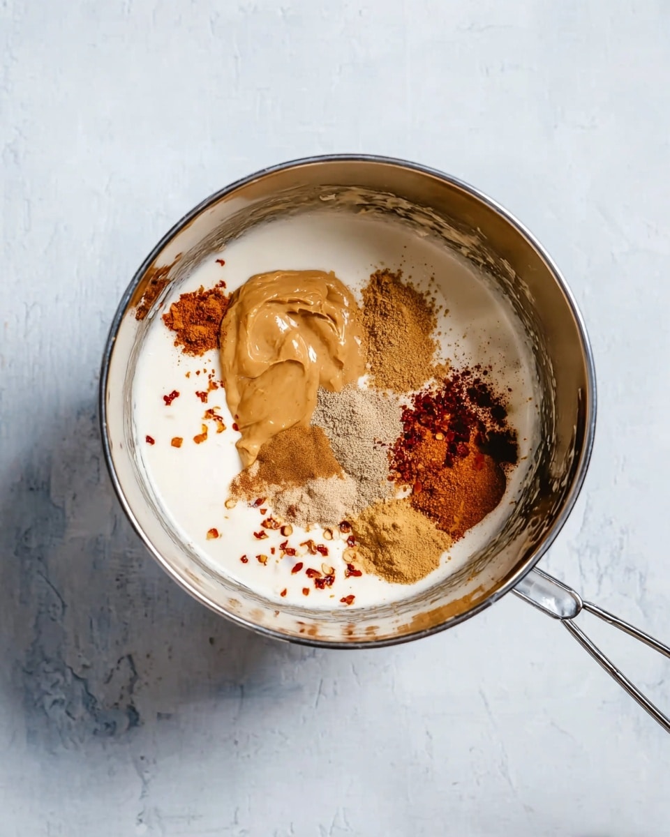 A silver mixing bowl on a white marbled surface holds several ingredients before mixing. At the bottom is a smooth layer of white yogurt or cream. On top of that, near the center is a dollop of tan peanut butter. Around the peanut butter, there are small piles of different powdered spices in varying shades of light and dark brown, along with a sprinkle of red chili flakes. The bowl's handles point to the right. photo taken with an iphone --ar 4:5 --v 7